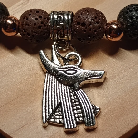 Anubis Charm And Lava Stone Beaded Bracelet - Black and Brown - Picture 2 of 4